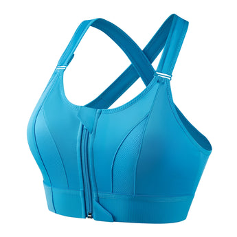 Front view of a woman's sports bra in a vibrant azure color, featuring a front zip closure and a cross-back design, designed for high support.