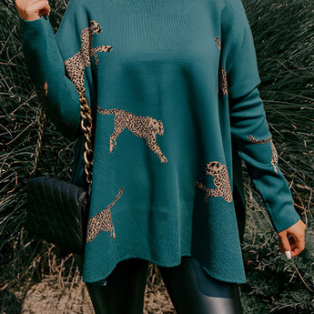 Fuchsia ethnic pattern sweater featuring boho chic embroidery, shown in green color, size XL. The sweater has a round neck, long sleeves, and a waist-length fit.