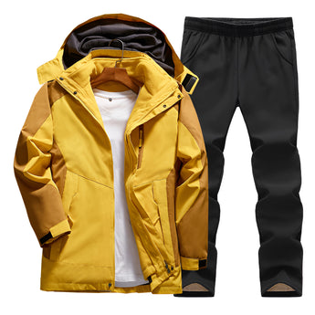 Men's yellow hooded track jacket in XXL size paired with black moisture-wicking pants, featuring a stylish and sporty design suitable for both casual and athletic wear.