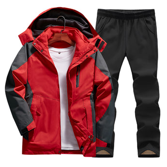 Men's fuchsia hooded track jacket with long sleeves and a collar, paired with black moisture-wicking pants, in an XXL size.