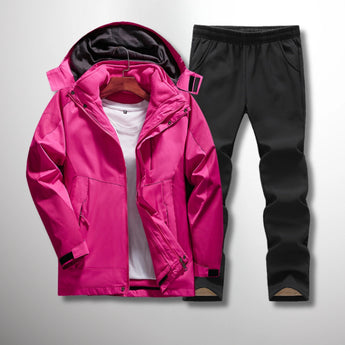 Men's fuchsia hooded track jacket with long sleeves and a collar, paired with black moisture-wicking pants, available in viola color and XXL size, showcasing sportswear fashion design.