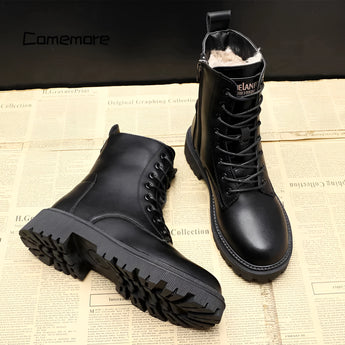 Black women's winter combat boots featuring a fur-lined interior for insulation and a high-traction sole.