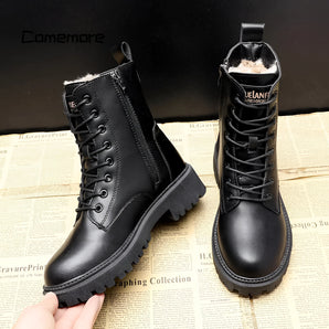 Black women's winter combat boots with fur lining, featuring insulated material and high-traction soles, displayed against a plain background.