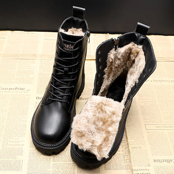Black women's winter combat boots featuring a fur lining, insulated for warmth and designed with high-traction soles.