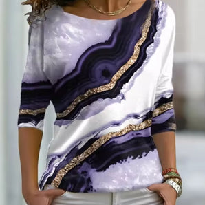 Geode Print Agate Pattern Women's Luxury Top with Gold Sequin