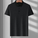 Men's polo shirt in black and blue with a geometric triangle pattern, featuring short sleeves, a collar, and button-up design, in size XL.