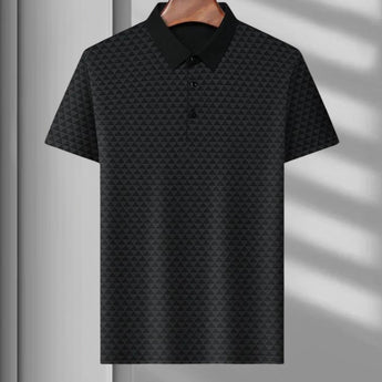 Men's polo shirt in black and blue with a geometric triangle pattern, featuring short sleeves, a collar, and button-up design, in size XL.
