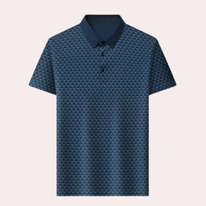 Men's polo shirt featuring a stylish geometric blue triangle pattern, showcasing a collared design with short sleeves, ideal for casual wear.