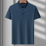 Men's polo shirt in blue with geometric triangle design, featuring a collar and short sleeves, size XL.