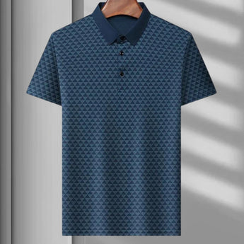 Men's polo shirt in blue with geometric triangle design, featuring a collar and short sleeves, size XL.