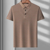Men's polo shirt featuring a geometric blue triangle pattern, styled for casual wear. The shirt is in a khaki color with a collared neck and short sleeves, available in XL size.