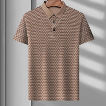 Men's polo shirt featuring a geometric blue triangle pattern, styled for casual wear. The shirt is in a khaki color with a collared neck and short sleeves, available in XL size.