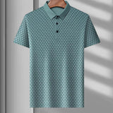 Men's polo shirt with geometric blue triangle patterns, featuring a traditional collar and short sleeves; available in green color variant, size XL.