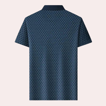 Men's polo shirt in a bold geometric blue triangle pattern, featuring a classic collar and short sleeves, ideal for stylish casual wear.