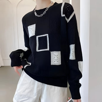 Women's geometric checkerboard knit crewneck sweater featuring a distinct pattern, long sleeves, and a comfortable fit designed for fashionable casual wear.