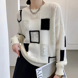 Geometric Checkerboard Knit Crewneck Sweater in black and white featuring a stylish pattern, long sleeves, and a crew neckline for women's fashion.