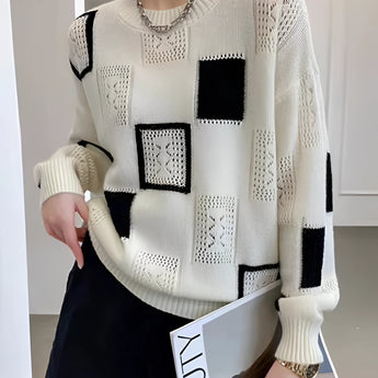 Women's 2XL Geometric Crewneck Wool Sweater in Checkerboard & Abstract Knit, featuring long sleeves and a cozy fit for winter fashion.