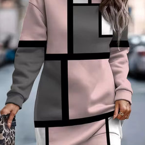 Geometric Panel Long Sleeve Mini Dress - Pink & Gray Urban Chic