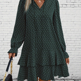 Green Geometric Print Boho Chic V-Neck Long Sleeve Mini Dress with Ruffle Hem in size 5XL.