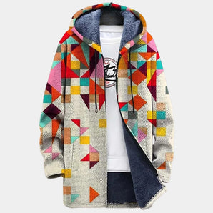 Unisex geometric print fleece hoodie and patchwork jacket featuring a grey color scheme, with a button-up front, collar, long sleeves, and an intricate pattern design.