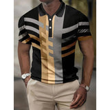 A stylish black and gold geometric print men's polo shirt in size 4XL, featuring short sleeves and a collared neckline, suitable for golf and casual wear.
