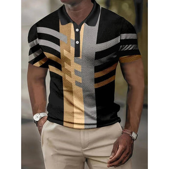 A stylish black and gold geometric print men's polo shirt in size 4XL, featuring short sleeves and a collared neckline, suitable for golf and casual wear.