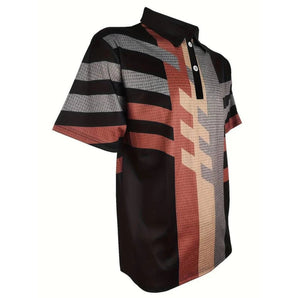 Black and red geometric print men's polo shirt in size 4XL featuring a stylish modern design suitable for golf with a collar and short sleeves.
