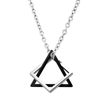 Modern minimalist necklace featuring a geometric silver square frame pendant with a silver chain and black accents.