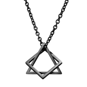 Geometric Silver Square Frame Pendant on Black Chain - Modern Minimalist Necklace