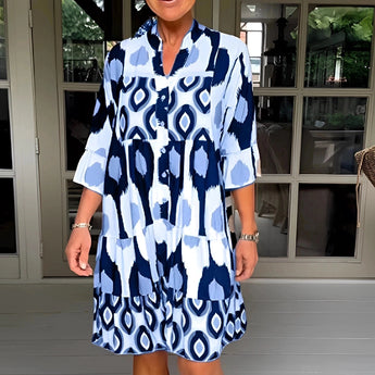 Geometric V-neck knee-length summer dress in Argento color, size 3XL, featuring a chic and lightweight design with short sleeves and a fitted waist.
