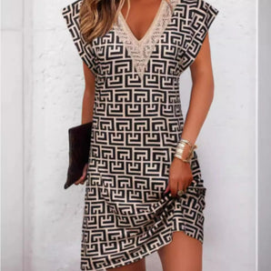 Brown geometric V-neck lace trim dress in 2XL, featuring short sleeves, fitted waist, and chic design suitable for summer cocktail and casual wear.