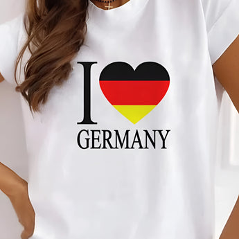 Woman wearing a white Germany flag T-shirt with short sleeves, showcasing a patriotic Euro 2024 design.