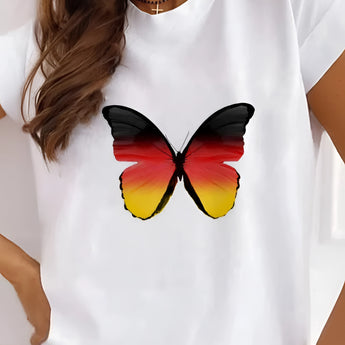 Woman wearing a white T-shirt with a Germany flag design, styled with black sunglasses, short hairstyle, and a wristwatch.