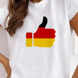 White women's T-shirt featuring the Germany flag design for Euro 2024, showcasing short sleeves and a round neck.