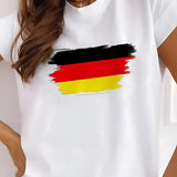 Woman wearing a white Germany Flag T-shirt with Euro 2024 theme, showing short sleeves and a round neck.