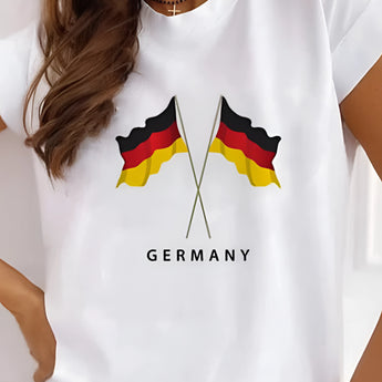 A white women's t-shirt featuring the Germany flag design, perfect for showing patriotic spirit during Euro 2024.