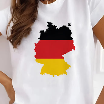 White women's T-shirt with Germany flag design, featuring short sleeves and a round neckline, perfect for Euro 2024.