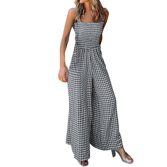Gingham wide-leg jumpsuit in black, featuring a sleeveless design with a checkered pattern, suitable for summer wear in XL size.
