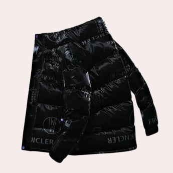 Glossy black designer puffer jacket with a luxurious hood, featuring a sleek and stylish design. The jacket is shown in size 4XL, highlighting its elegant pattern and sophisticated look as high-end outerwear.