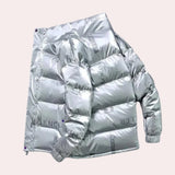 Glossy black designer puffer jacket featuring a luxurious hood, long sleeves, and a stylish pattern, suitable for cold weather.