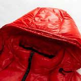 Glossy black insulated hooded puffer jacket with shiny finish, featuring long sleeves and a high collar.