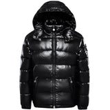 Glossy black insulated hooded puffer jacket in a luxurious shiny finish, featuring a high collar and long sleeves, in size XL.