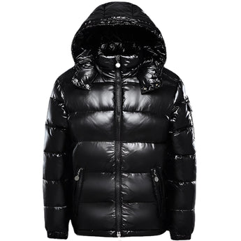 Glossy black insulated hooded puffer jacket in a luxurious shiny finish, featuring a high collar and long sleeves, in size XL.