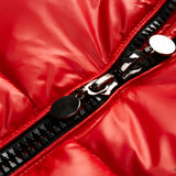 Glossy black insulated hooded puffer jacket with a shiny finish, featuring a hood and long sleeves.