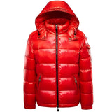 Glossy black insulated hooded puffer jacket with a luxurious shiny finish, shown in a bold red color, size XL.