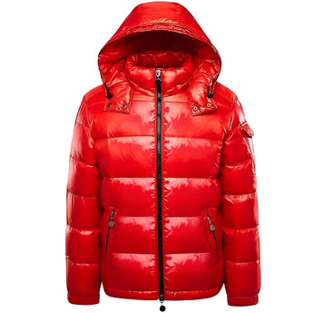 Glossy black insulated hooded puffer jacket with a luxurious shiny finish, shown in a bold red color, size XL.