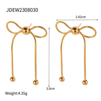 Elegant long dangle gold bow tassel earrings, trendy fashion accessory for women, made of metal with symmetrical design.