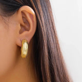 Luxury gold hoop earrings studded with diamonds and featuring a textured polished finish, worn by a woman.