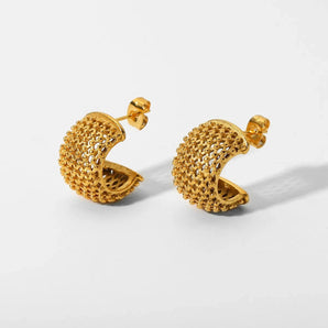 Gold dome textured earrings, luxury designer hollow round studs.