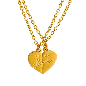 Gold heart pendant necklace engraved with "UR MY Lover," shown in gold color, with a delicate chain and included gift box.